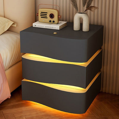 Modern Luxury Solid Wood Faux Leather Curved Square Nightstand 3-Drawer For Bedroom
