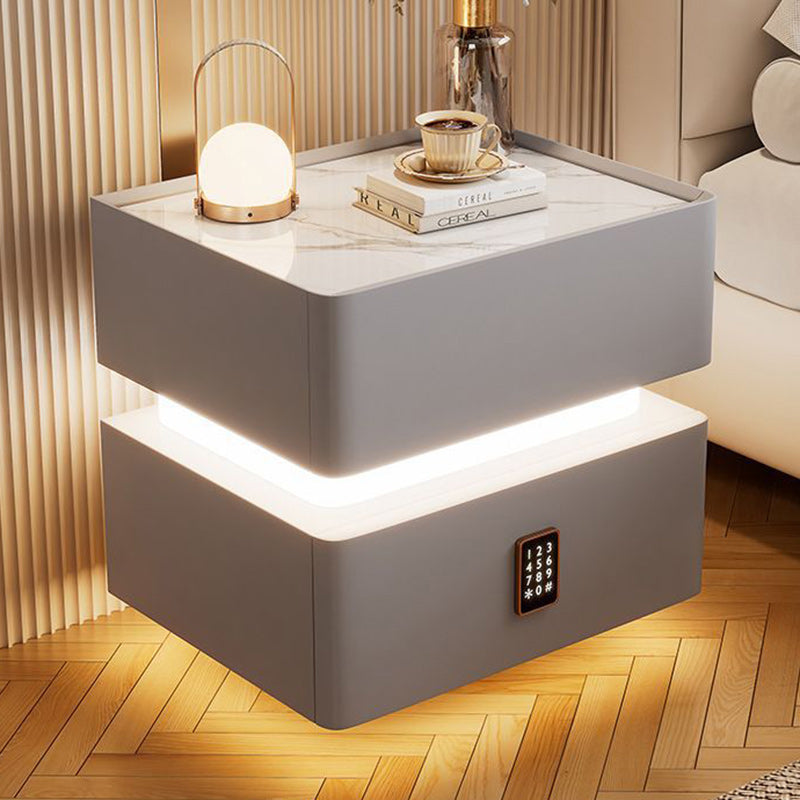 Modern Luxury Rock Panel Tempered Glass Leather Solid Wood Rounded Nightstand 2-Drawer For Bedroom