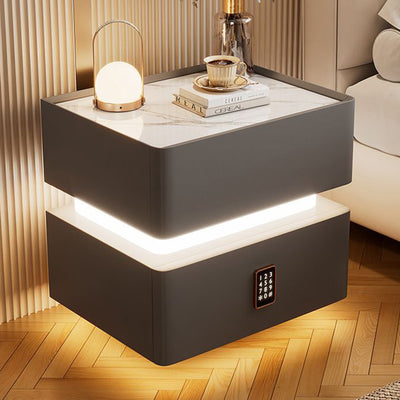 Modern Luxury Rock Panel Tempered Glass Leather Solid Wood Rounded Nightstand 2-Drawer For Bedroom