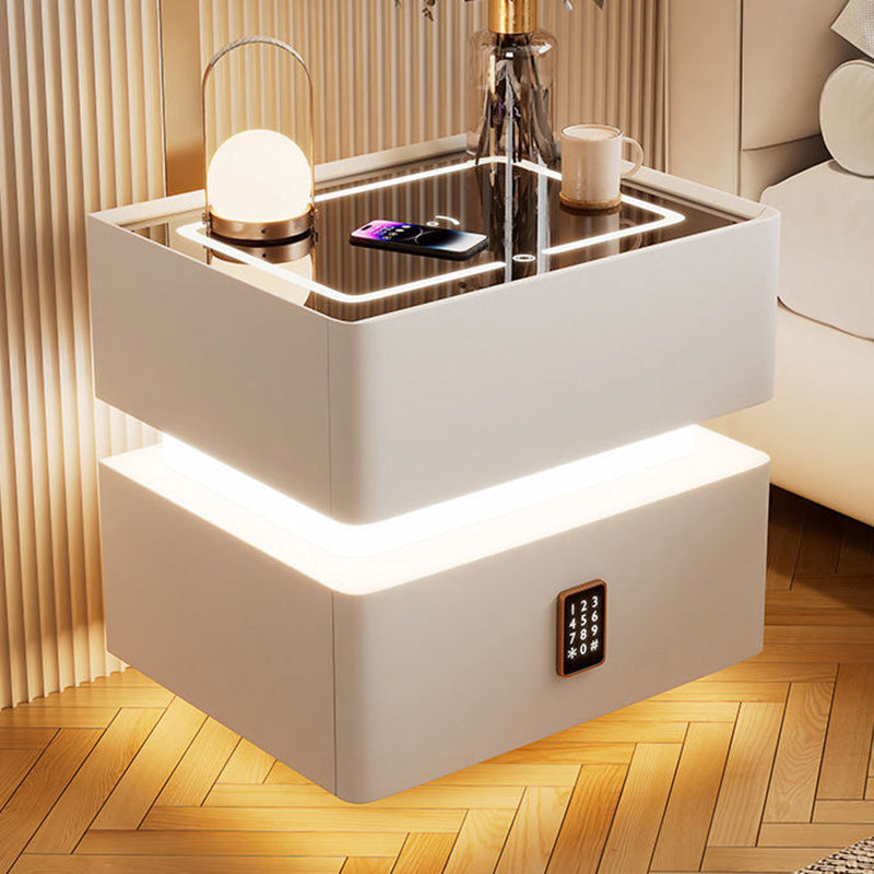 Modern Luxury Rock Panel Tempered Glass Leather Solid Wood Rounded Nightstand 2-Drawer For Bedroom