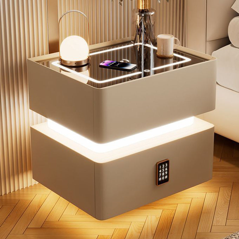 Modern Luxury Rock Panel Tempered Glass Leather Solid Wood Rounded Nightstand 2-Drawer For Bedroom