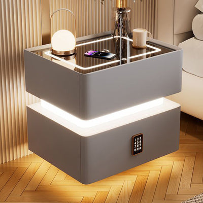 Modern Luxury Rock Panel Tempered Glass Leather Solid Wood Rounded Nightstand 2-Drawer For Bedroom