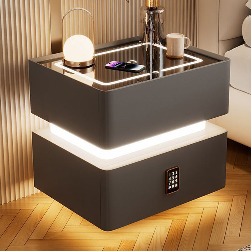Modern Luxury Rock Panel Tempered Glass Leather Solid Wood Rounded Nightstand 2-Drawer For Bedroom