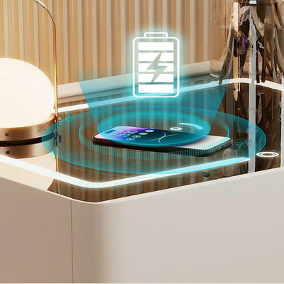Modern Luxury Rock Panel Tempered Glass Leather Solid Wood Rounded Nightstand 2-Drawer For Bedroom