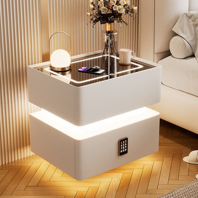 Modern Luxury Rock Panel Tempered Glass Leather Solid Wood Rounded Nightstand 2-Drawer For Bedroom