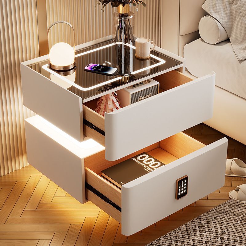 Modern Luxury Rock Panel Tempered Glass Leather Solid Wood Rounded Nightstand 2-Drawer For Bedroom