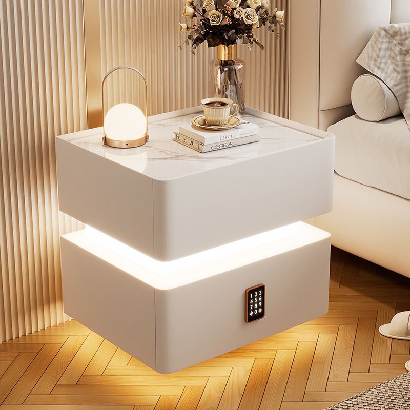 Modern Luxury Rock Panel Tempered Glass Leather Solid Wood Rounded Nightstand 2-Drawer For Bedroom