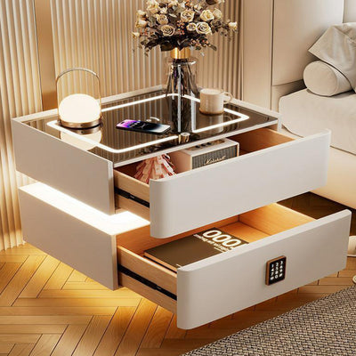 Modern Luxury Rock Panel Tempered Glass Leather Solid Wood Rounded Nightstand 2-Drawer For Bedroom