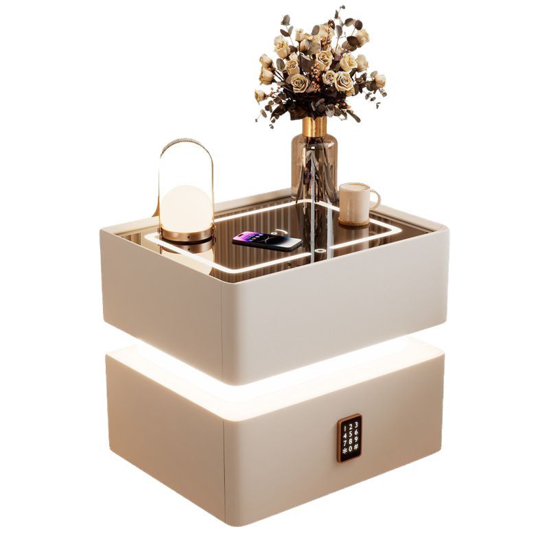Modern Luxury Rock Panel Tempered Glass Leather Solid Wood Rounded Nightstand 2-Drawer For Bedroom