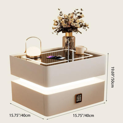 Modern Luxury Rock Panel Tempered Glass Leather Solid Wood Rounded Nightstand 2-Drawer For Bedroom