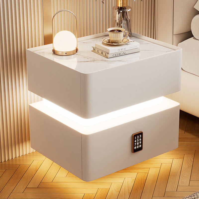 Modern Luxury Rock Panel Tempered Glass Leather Solid Wood Rounded Nightstand 2-Drawer For Bedroom