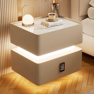 Modern Luxury Rock Panel Tempered Glass Leather Solid Wood Rounded Nightstand 2-Drawer For Bedroom