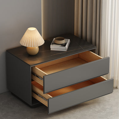 Table de nuit rectangulaire moderne minimaliste en pierre frittée, cuir et bois à 2 tiroirs pour chambre 