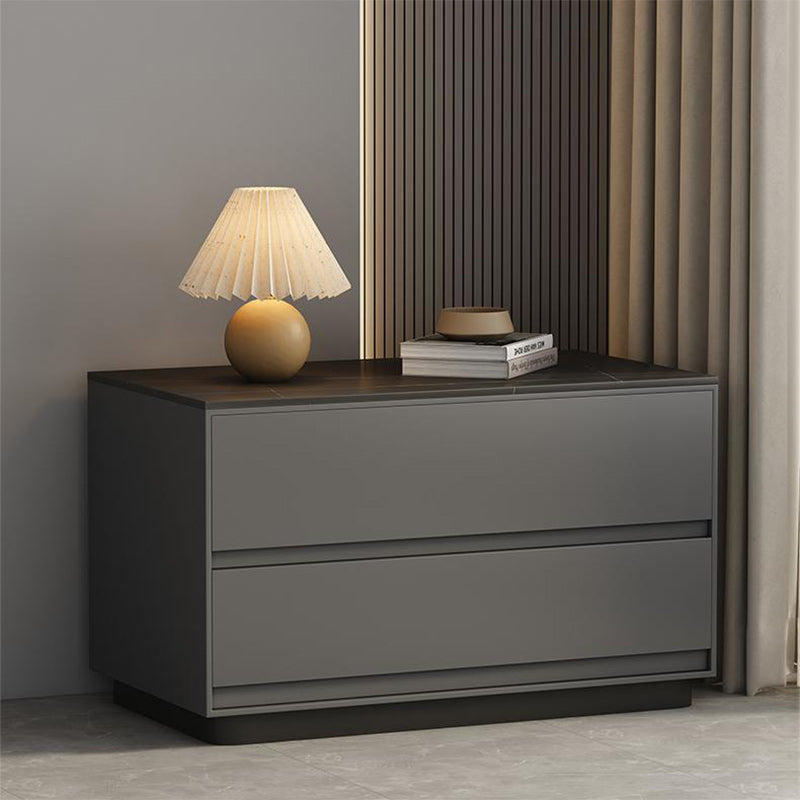 Table de nuit rectangulaire moderne minimaliste en pierre frittée, cuir et bois à 2 tiroirs pour chambre 