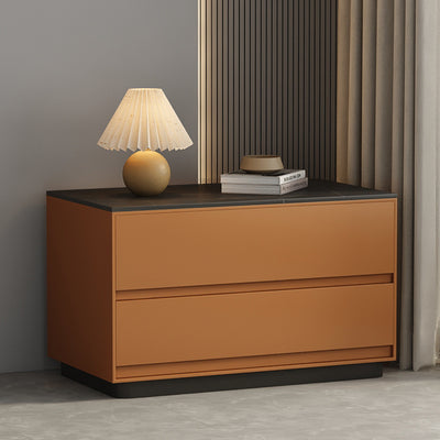 Table de nuit rectangulaire moderne minimaliste en pierre frittée, cuir et bois à 2 tiroirs pour chambre 
