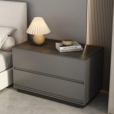 Table de nuit rectangulaire moderne minimaliste en pierre frittée, cuir et bois à 2 tiroirs pour chambre 