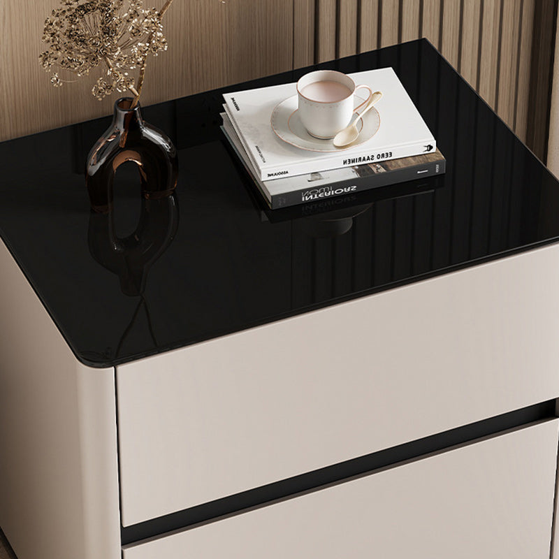 Mesita de noche rectangular redondeada de lujo moderno de vidrio templado de madera maciza de 2 cajones para dormitorio 