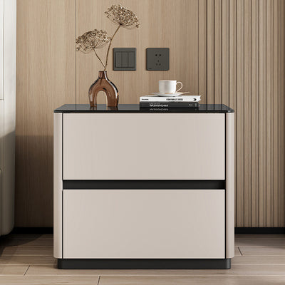 Mesita de noche rectangular redondeada de lujo moderno de vidrio templado de madera maciza de 2 cajones para dormitorio 