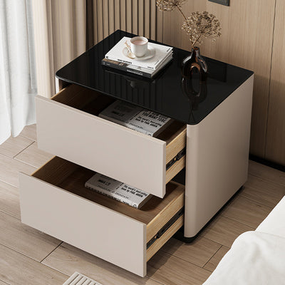 Mesita de noche rectangular redondeada de lujo moderno de vidrio templado de madera maciza de 2 cajones para dormitorio 