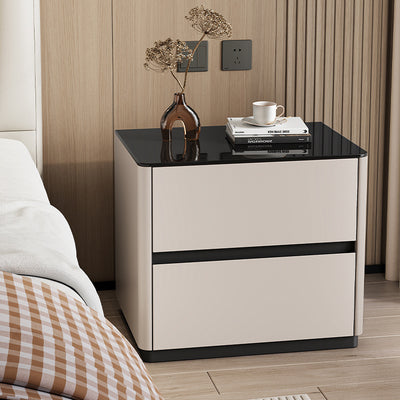 Mesita de noche rectangular redondeada de lujo moderno de vidrio templado de madera maciza de 2 cajones para dormitorio 
