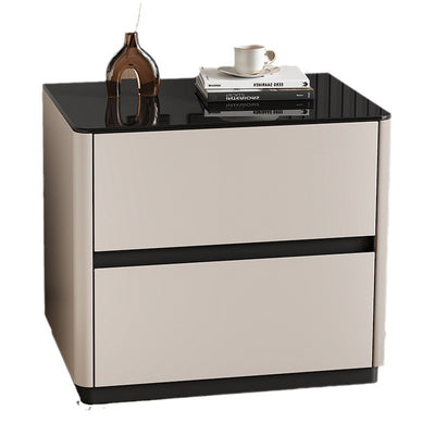Mesita de noche rectangular redondeada de lujo moderno de vidrio templado de madera maciza de 2 cajones para dormitorio 