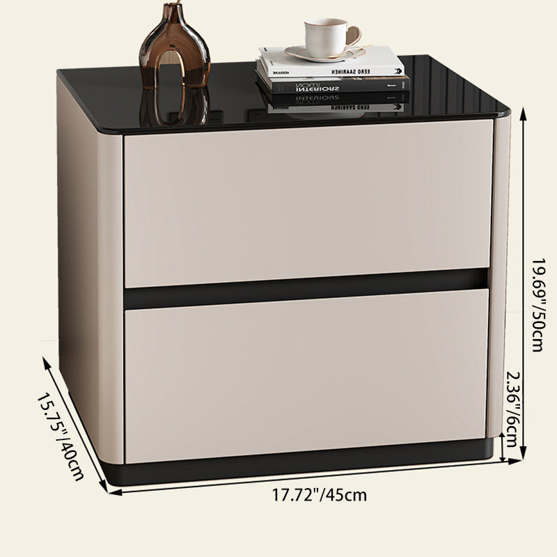 Mesita de noche rectangular redondeada de lujo moderno de vidrio templado de madera maciza de 2 cajones para dormitorio 