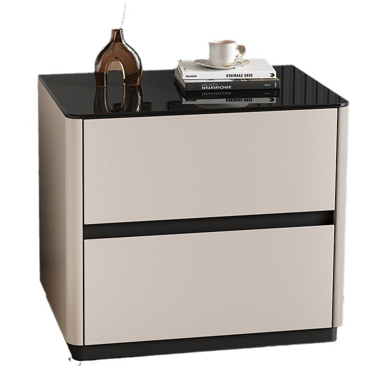 Mesita de noche rectangular redondeada de lujo moderno de vidrio templado de madera maciza de 2 cajones para dormitorio 