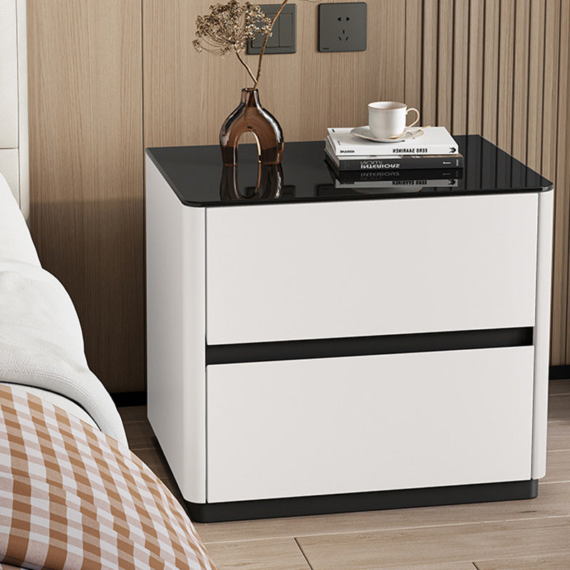 Mesita de noche rectangular redondeada de lujo moderno de vidrio templado de madera maciza de 2 cajones para dormitorio 