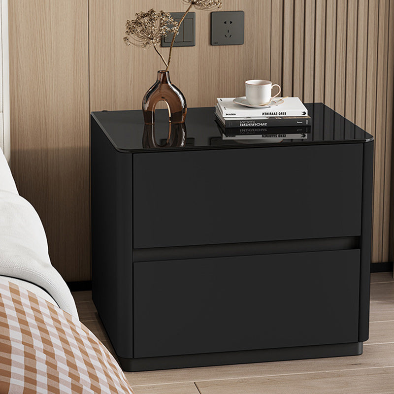 Mesita de noche rectangular redondeada de lujo moderno de vidrio templado de madera maciza de 2 cajones para dormitorio 