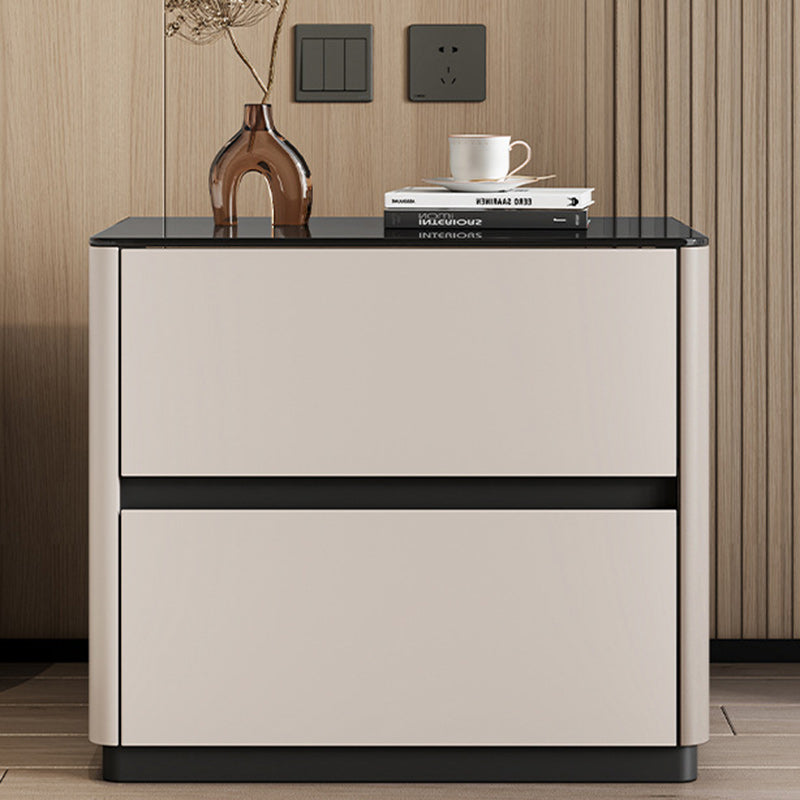 Mesita de noche rectangular redondeada de lujo moderno de vidrio templado de madera maciza de 2 cajones para dormitorio 