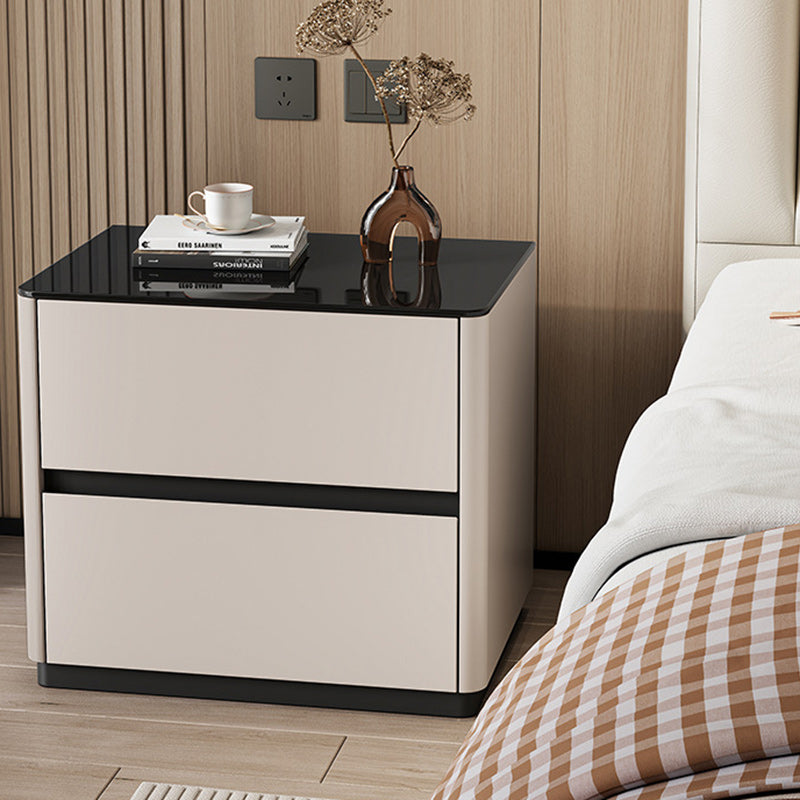Mesita de noche rectangular redondeada de lujo moderno de vidrio templado de madera maciza de 2 cajones para dormitorio 