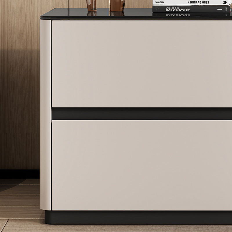 Mesita de noche rectangular redondeada de lujo moderno de vidrio templado de madera maciza de 2 cajones para dormitorio 