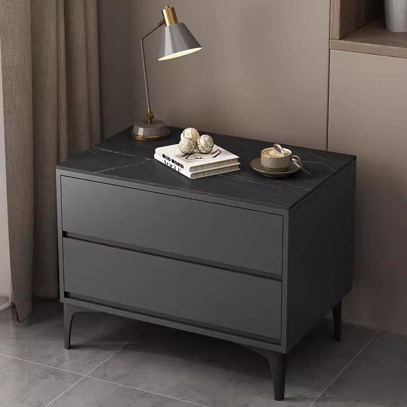 Table de chevet rectangulaire en bois massif minimaliste moderne avec pierre frittée et 2 tiroirs pour chambre 