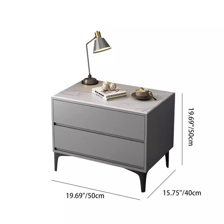 Modern Minimalist Oak Wood Sintered Stone Rectangular Nightstand With 2 Drawers For Bedroom