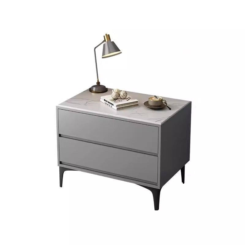 Table de chevet rectangulaire en bois massif minimaliste moderne avec pierre frittée et 2 tiroirs pour chambre 