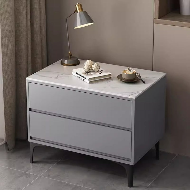 Moderner minimalistischer Nachttisch aus massivem Holz mit gesintertem Stein in rechteckiger Form mit 2 Schubladen für das Schlafzimmer 