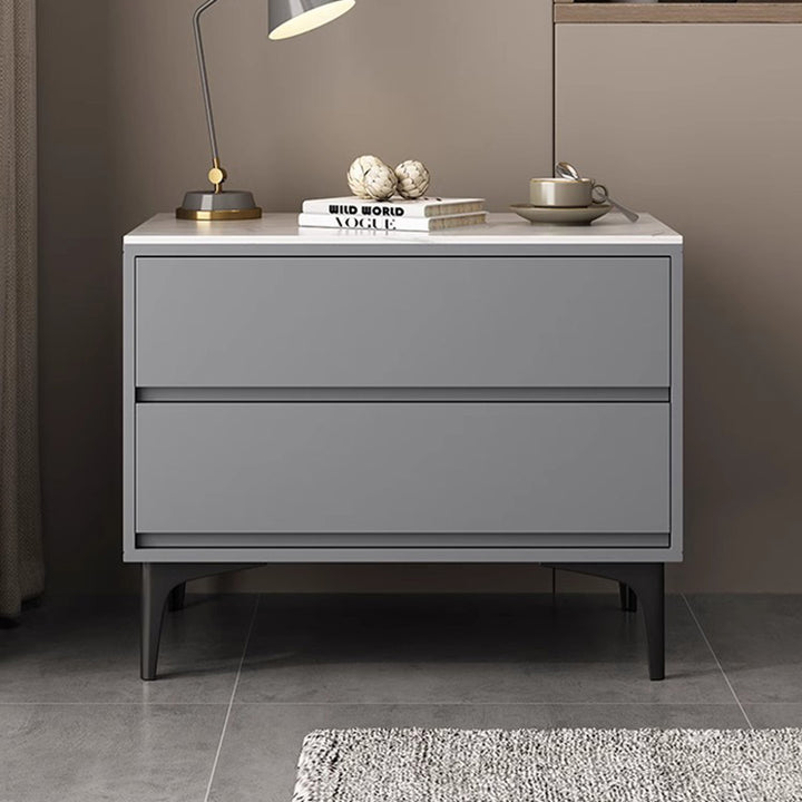 Modern Minimalist Oak Wood Sintered Stone Rectangular Nightstand With 2 Drawers For Bedroom