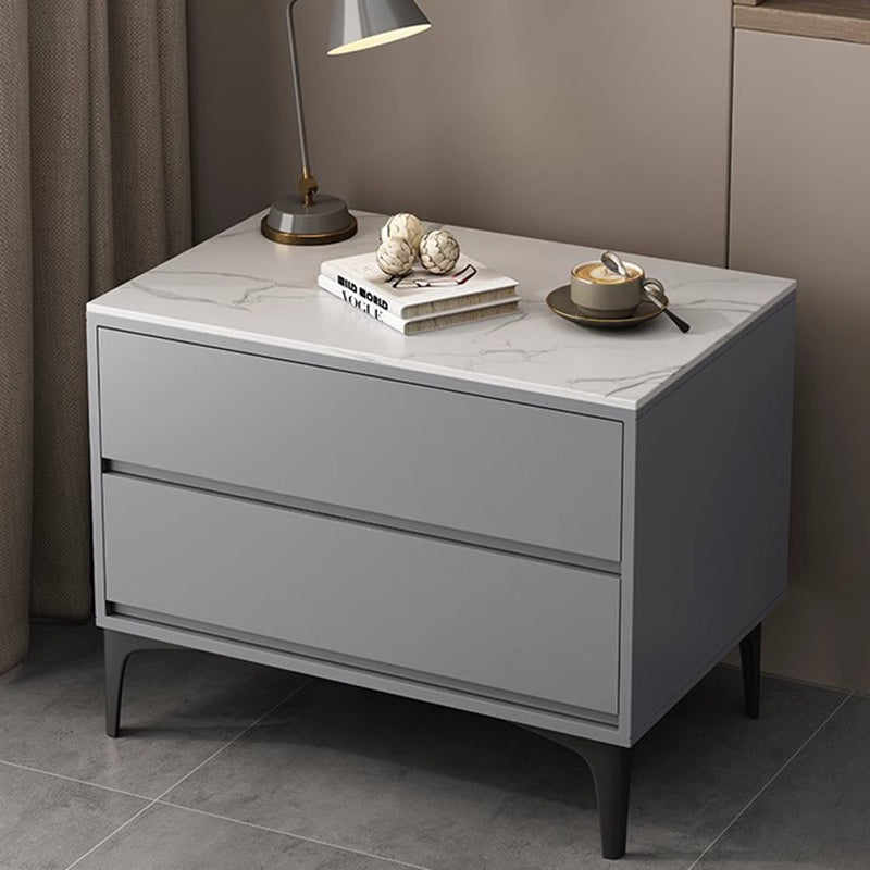 Table de chevet rectangulaire en bois massif minimaliste moderne avec pierre frittée et 2 tiroirs pour chambre 