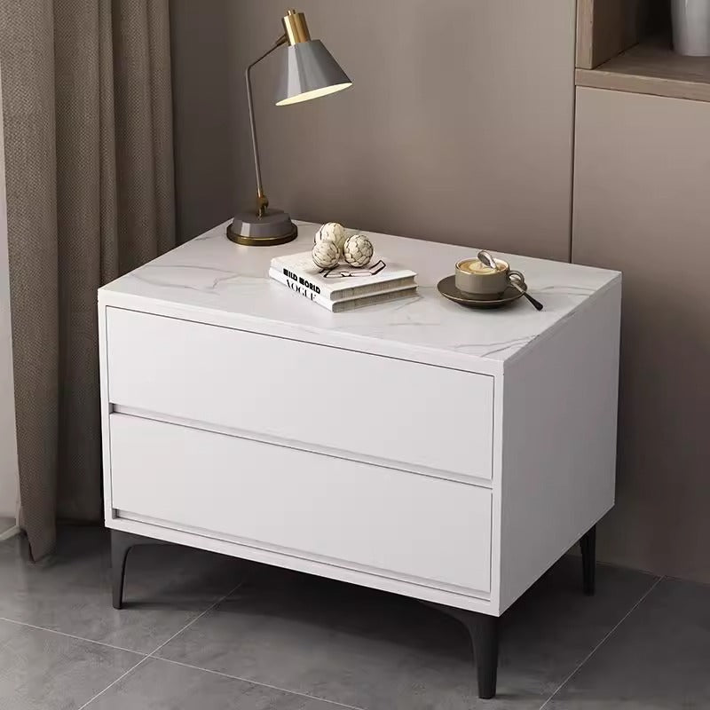 Table de chevet rectangulaire en bois massif minimaliste moderne avec pierre frittée et 2 tiroirs pour chambre 