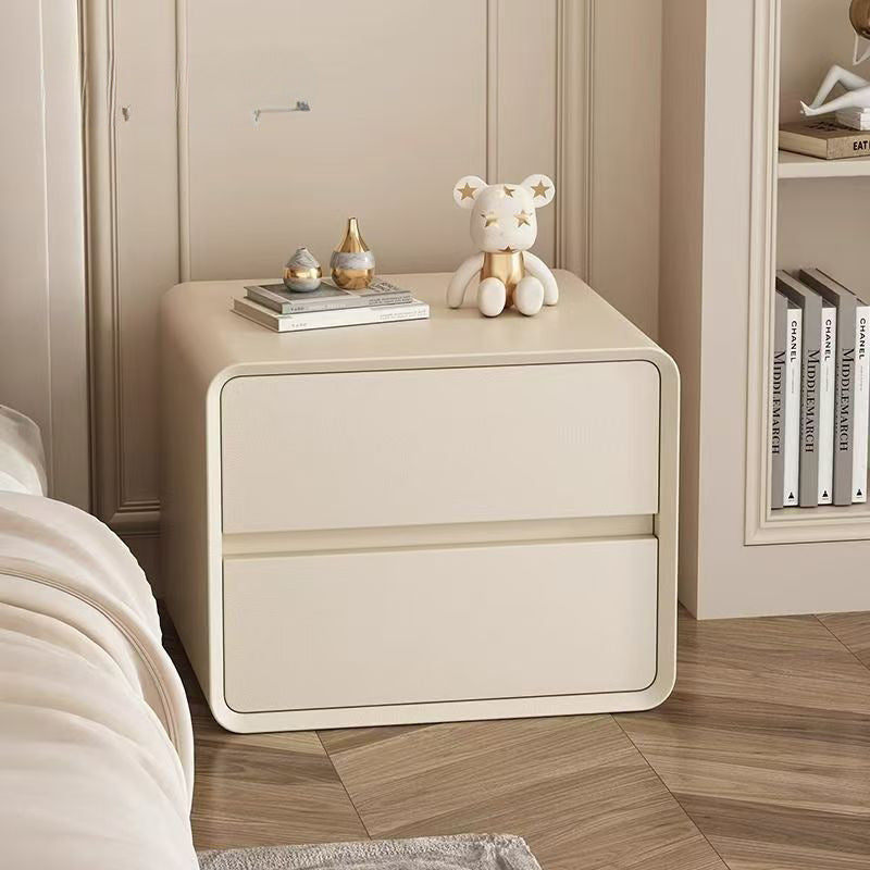 Mesita de noche rectangular redondeada de madera maciza de cuero sintético minimalista moderno de 2 cajones para dormitorio 