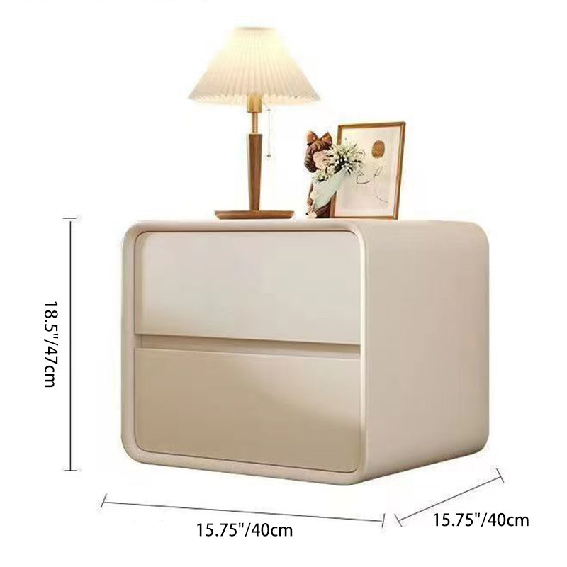 Mesita de noche rectangular redondeada de madera maciza de cuero sintético minimalista moderno de 2 cajones para dormitorio 