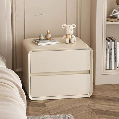Mesita de noche rectangular redondeada de madera maciza de cuero sintético minimalista moderno de 2 cajones para dormitorio 