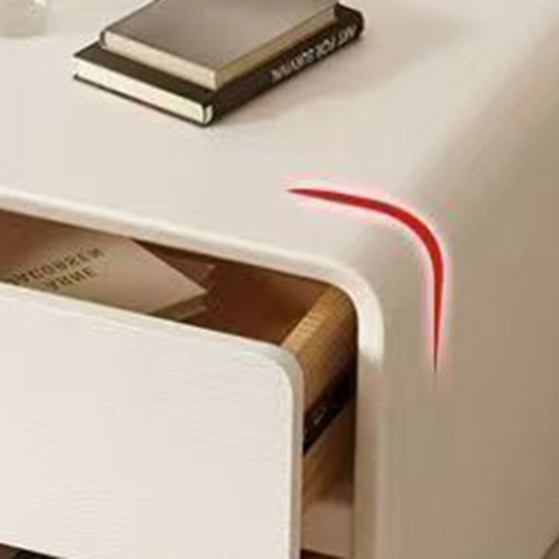 Mesita de noche rectangular redondeada de madera maciza de cuero sintético minimalista moderno de 2 cajones para dormitorio 