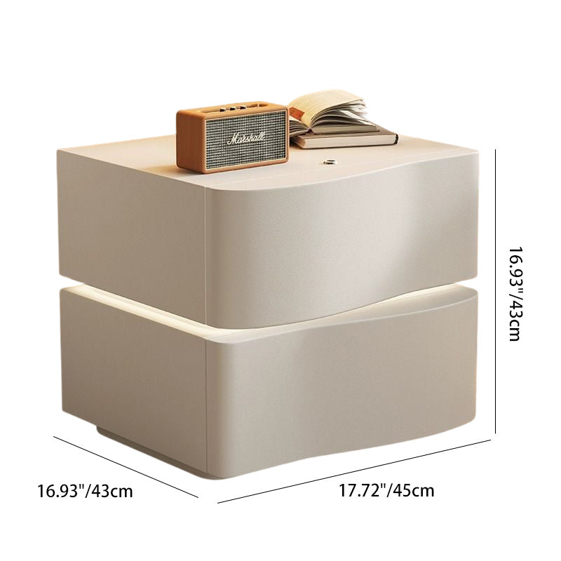 Table de nuit rectangulaire incurvée en bois massif créatif contemporain avec faux cuir à 2 tiroirs pour chambre 