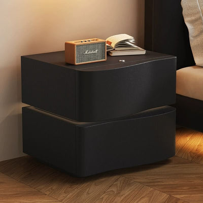 Table de nuit rectangulaire incurvée en bois massif créatif contemporain avec faux cuir à 2 tiroirs pour chambre 