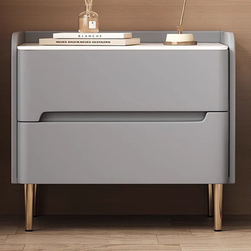 Moderna mesita de noche cilíndrica rectangular de lujo de piedra sinterizada de cuero y madera con 2 cajones para dormitorio 