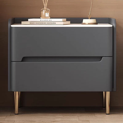 Moderna mesita de noche cilíndrica rectangular de lujo de piedra sinterizada de cuero y madera con 2 cajones para dormitorio 