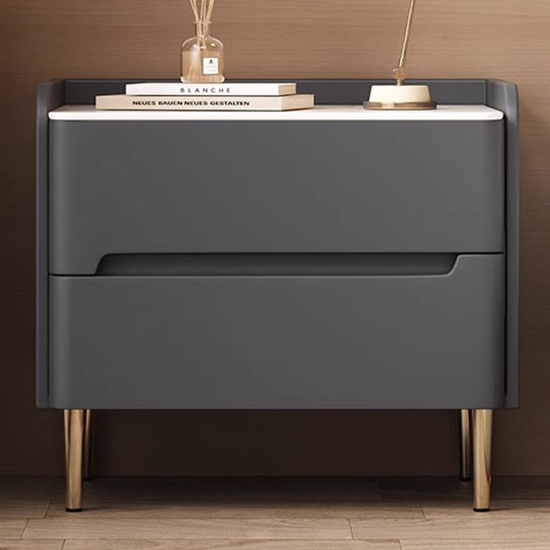 Moderna mesita de noche cilíndrica rectangular de lujo de piedra sinterizada de cuero y madera con 2 cajones para dormitorio 