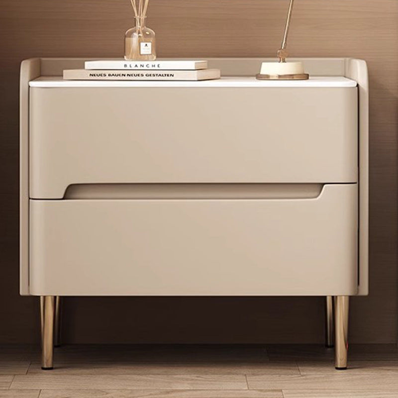 Moderna mesita de noche cilíndrica rectangular de lujo de piedra sinterizada de cuero y madera con 2 cajones para dormitorio 