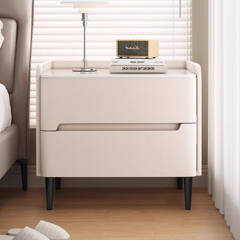 Moderna mesita de noche cilíndrica rectangular de lujo de piedra sinterizada de cuero y madera con 2 cajones para dormitorio 